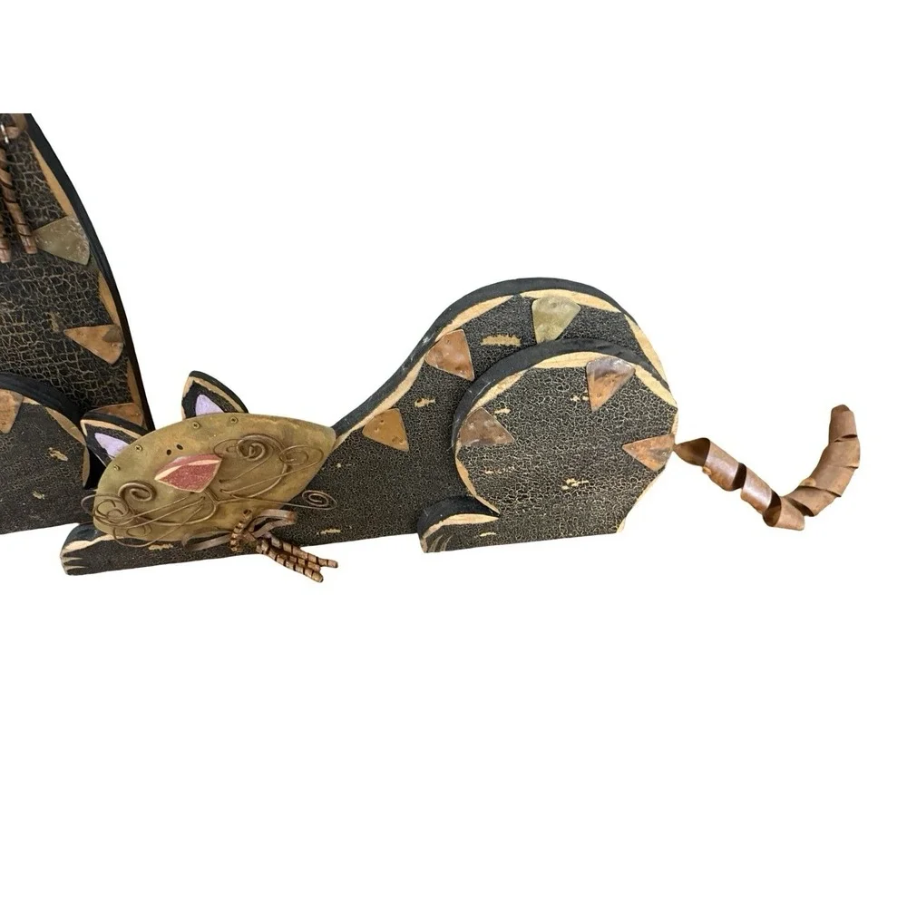 Rustic Tin Metal and Wood Cat Figurines Statutes Spring Tail Sit Down Laydown